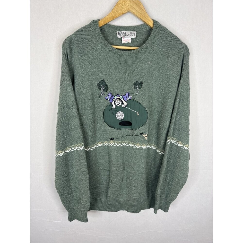 Vintage Moda di‎ Lentz Green Golf Patch Sweater Mens Medium Made in Canada